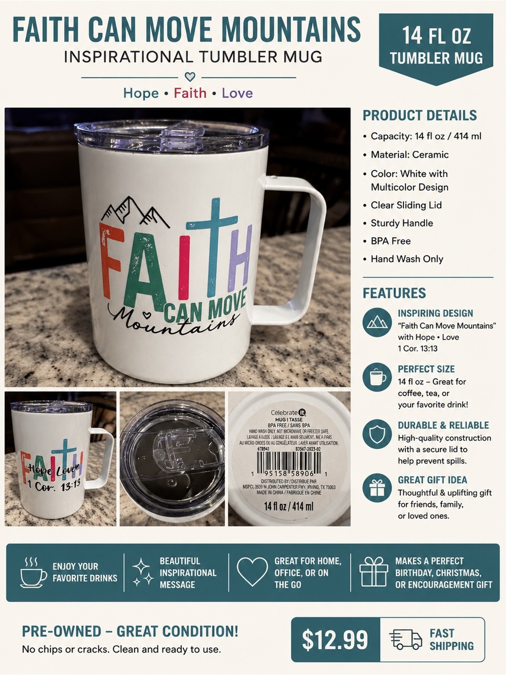 FAITH Hand Crafted White Travel Mug with Multicolor Faith Design